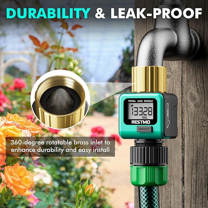 [2 Pack] RESTMO Heavy Duty Water Flow Meter, Pure Brass Inlet | Metal Thread | 4 Measure Modes | Display Gallon/Liter Usage and Flow Rate | Ideal to Track Outdoor Garden Hose Watering