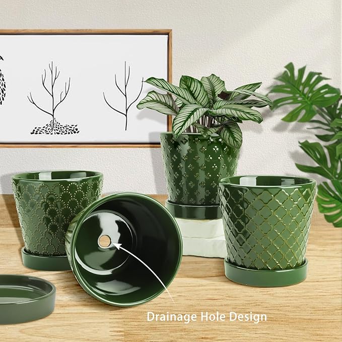 EFISPSS Ceramic Plant Pots, 5 Inch Planters with Drainage Holes and Ceramic Tray, Relief Design Flower Planter，Desktop Office Windowsill Decoration Gift Set of 4 - Blackish Green
