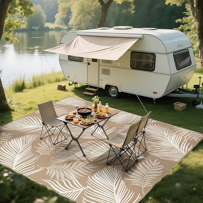 Pauwer Waterproof Outdoor Rug 8x10, Reversible Plastic Straw Patio Camping Rug, Indoor Outdoor RV Mat Carpet for Deck, Camper, Porch, Balcony, Backyard, Picnic, Leaf Brown