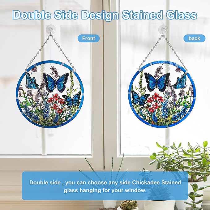 Lager Butterfly Suncatchers for Windows, Butterfly Stained Glass Window Hanging - 8.6 inch Sun Catcher for Window, Butterflies Decor with Hook - Suncatchers Birds Window Hangings Gifts for Mom