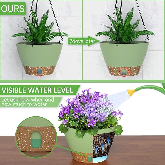 ZMTECH Hanging Planters for Indoor Plants Set of 2 Self Watering Hanging Pots Hanging Baskets Hanging Flower Pots for Outdoor Hanging Plants(8 Inch, Green)