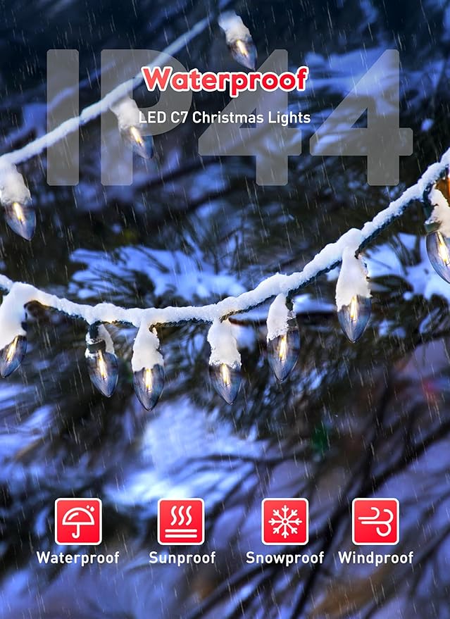 Brightown C7 Clear LED Christmas String Lights Outdoor, 25FT Connectable Christmas Lights with 26 0.6W Bulbs(1 Spare), Vintage Hanging Lights for Xmas Holiday Party Patio Roofline House Decor