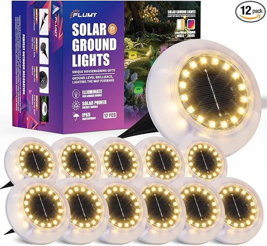 Flumy Solar Ground Lights,12 Pack Solar Lights Outdoor Waterproof, Solar Garden Lights for Outside Patio Pathway Yard Lawn Driveway Deck Step Walkway,Outdoor Chrismtas Decorations