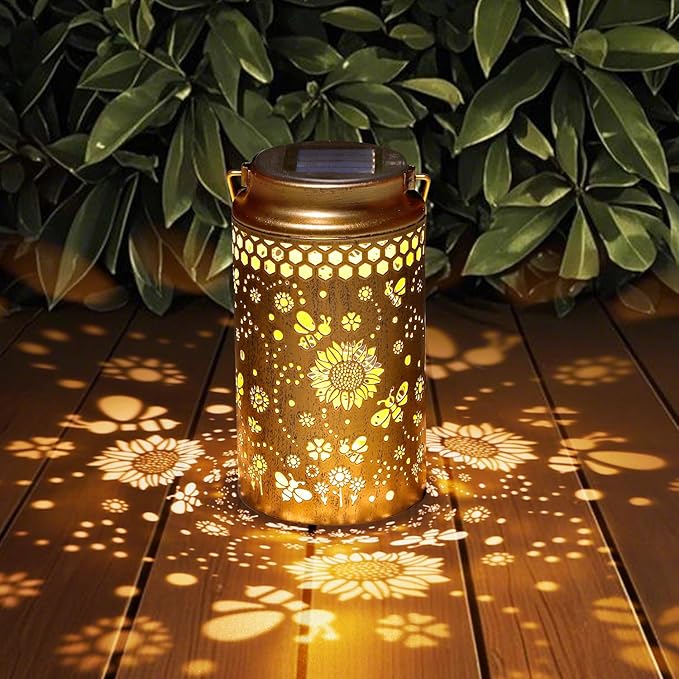 Bee Solar Lanterns Outdoor Waterproof, Metal Hanging Lights Decorations for Garden Yard Lawn Patio, Unique Bee Gifts for Women Mom Grandma Aunt Mother in Law Christmas