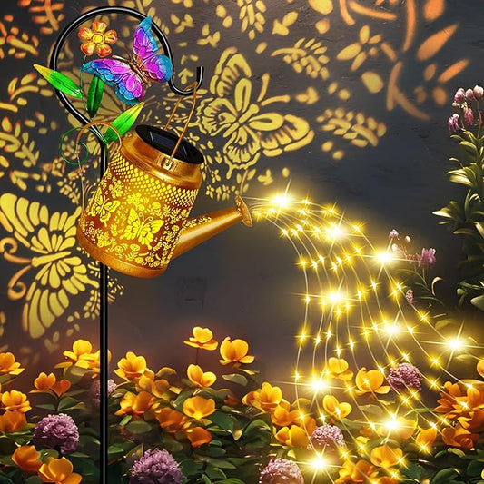 Solar Watering Can Lights Outdoor Garden Decor, Large Butterfly Hanging Lantern with Shepherd Hook, Waterproof Garden Lights for Outdoor Landscape Pathway Yard, Gift for Mom Grandma