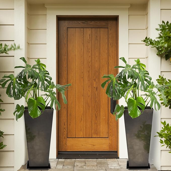 KOL 25''H. Bright Glazed Planter with Drainage Hole, Set of 2, Tall Galvanized Steel Planter Pots with Saucer for Indoor & Outdoor Use, Decorative Flower Plant Pots for Porch, Patio, Deck - Black