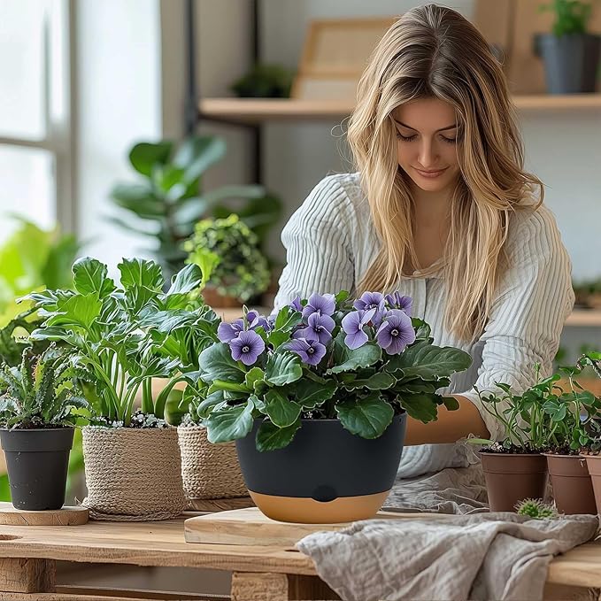 8 Inch Pots for Indoor Plants, Self Watering Planters with Drainage and Saucers, Plastic Outdoor Flower Pot, Set of 2, Grey