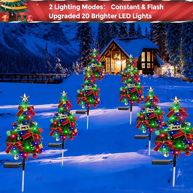 Solar Christams Tree Lights 2PCS Solar Xmas Tree Lights Garden Pathway Decor Outdoor Waterproof 40LED-Lights with Constant & Flashing Modes for Christmas Decoration of Yard Lawn