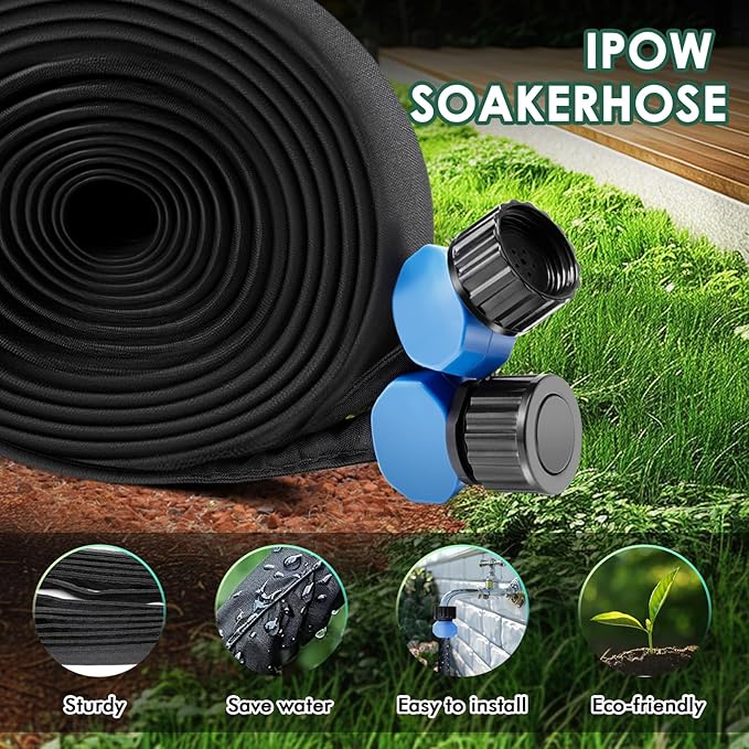 IPOW Heavy Duty Double Layer Design Saves 80% Water Leak Proof Soaker Hose, Drip Watering Hose for Garden, Lawn, Flower Bed, Vegetable Field (25 FT + 50 FT)