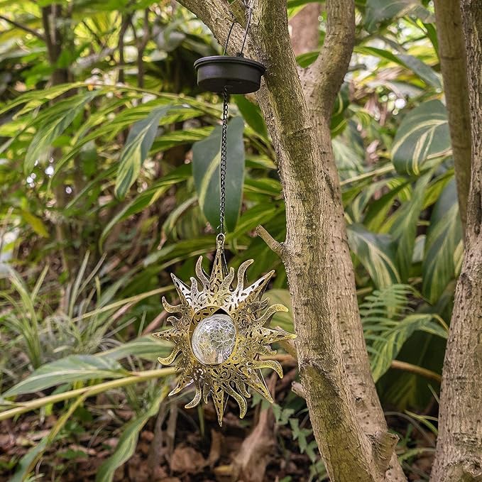 2 Pack Garden Decor Hanging Lanterns Outdoor Waterproof,Solar Lights Metal Sun Gifts Decoration for Yard Clearance Front Porch Lawn Driveway Patio Backyard Pathway Gardening Gift