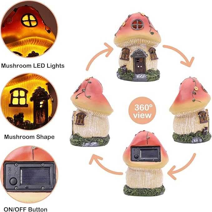 Attivolife Mushroom Fairy House Solar Light, Outdoor Home Garden Resin Statue Flickering LED Lamp, Lawn Porch Patio Yard Backyard Plant Decoration, Unique Gift for Women Mom Housewarming Birthday