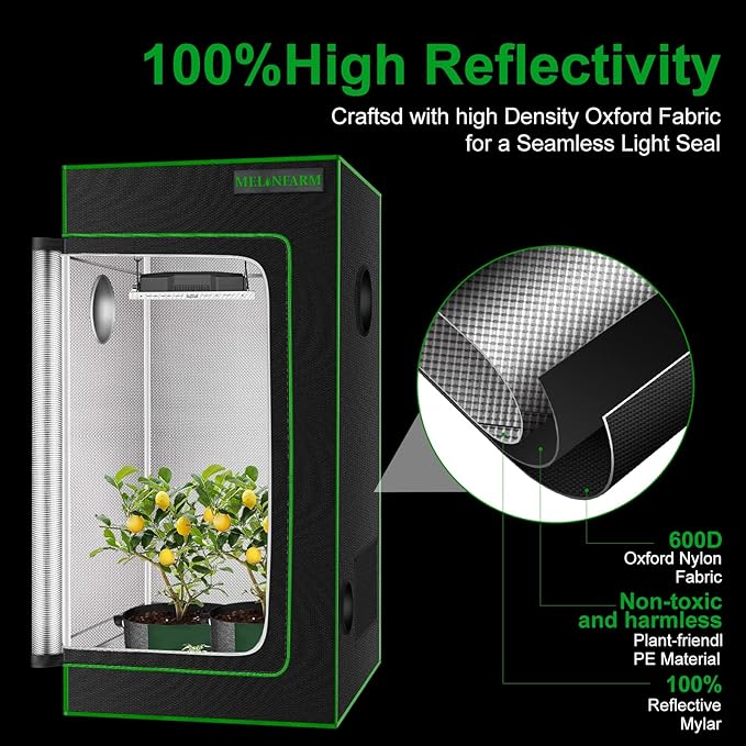 MELONFARM 2x2 Grow Tent, 24"x24"x48'' High Reflective 600D Diamond Mylar Canvas with Observation Window and Floor Tray for Hydroponic Indoor Plant Growing