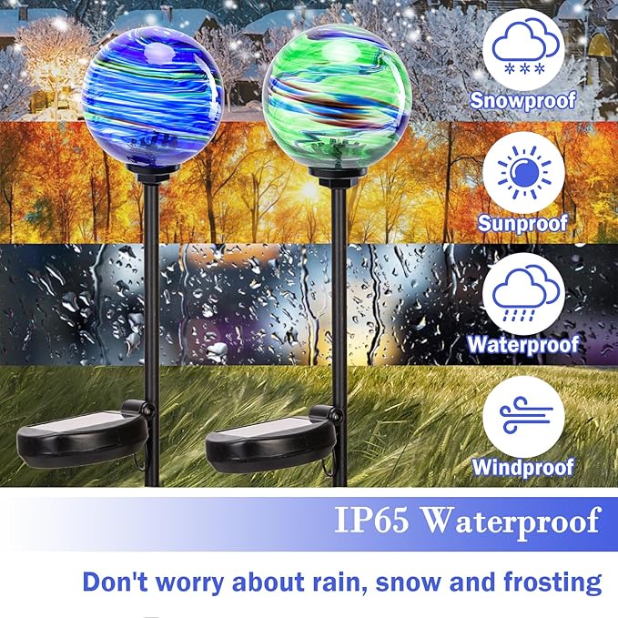 Solar Outdoor Decorative Lights Color Swirl Solar Garden Stake Glaze Glass LED Solar Garden Globe Lights Outdoor Decorative Lights for Pathway Yard Lawn Decoration 2 Pack Blue&Green