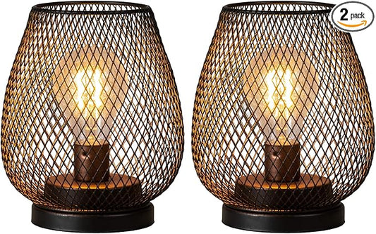 DECORKEY Set of 2 Rechargeable LED Table Lantern, Brown Metal Cage Cordless Lamps with LED Bulb，Vintage Decorative Outdoor Lantern for Weddings, Parties, Patio, Events for Indoors Shelf Decor