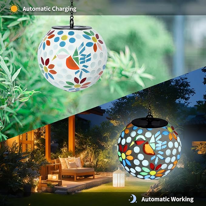 VCUTEKA Solar Chandelier Outdoor, Hanging Mosaic SolarLights with Hook Up, Solar Garden Lantern Decor for Yard, Deck and Patio, White