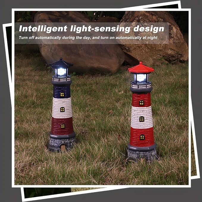 Garden Outdoor Statues, Waterproof Lighthouse Lights Lawn Decor; Automatic Rotating Solar Lights for Yard, Patio, Ground, Tabletop Decoration; Unique Housewarming Gifts - Red