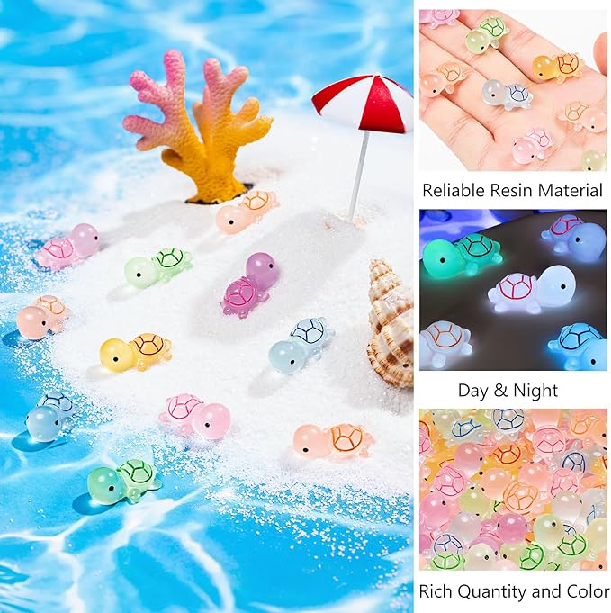 150PCS Luminous Mini Resin Turtles Sea Turtles Figurines Glow in The Dark, Cute Tiny Turtles Bulk for Cake Toppers Ocean Animal Theme Decor Garden Micro Landscape DIY Hidden Game (6 Colors)