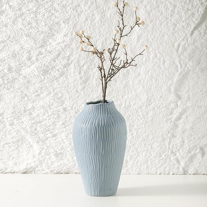 Ceramic Vase for Home Decor,11.6 Inch Flower Vases，Decorative Blue Vase for Pampas Grass，Modern Art Texture Vases for Home Entryway Living Room Dining Table Farmhouse Office Decor-Mat Blue