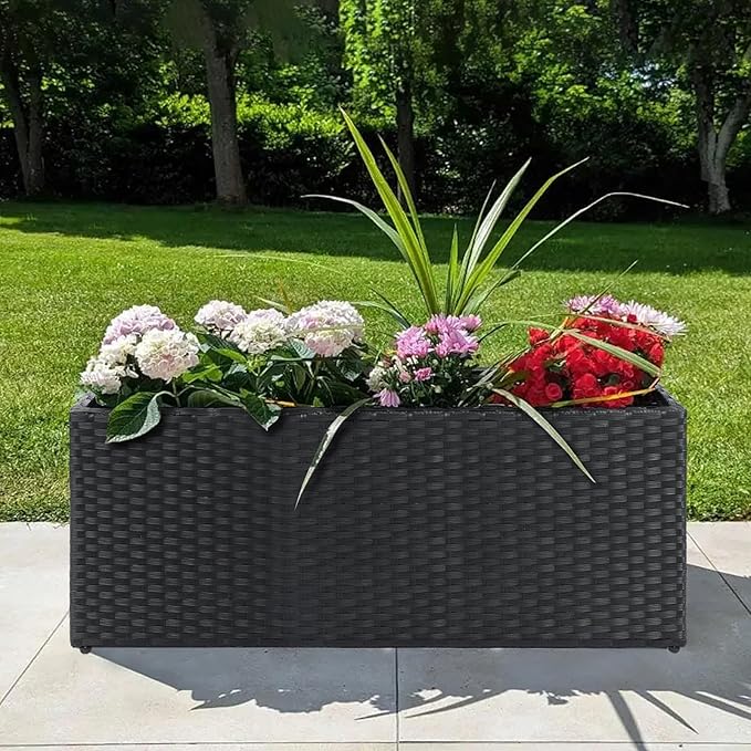 SUNNYPARK Set of 2 Large Rectangular Planter with Removable Liner, All-Weather PE Rattan Modern Planters Indoor Outdoor Flower Plant Pots Garden Box Patio Yard Front Porch Deck