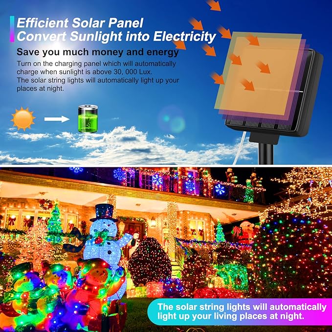 Brightever 4-Pack Solar Outdoor String Lights 288FT, Each 72FT 200 LED Solar Powered Multicolored Fairy Lights Waterproof, 8 Modes RGB Twinkle Lights for Christmas, Halloween Decorations