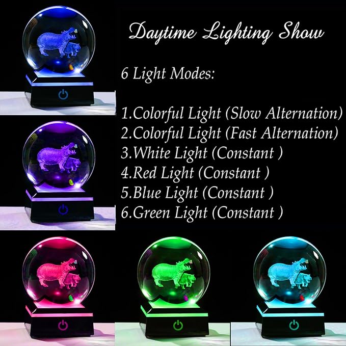 Qianwei Hippopotamus Gifts for Women 3D Crystal Ball 3.14'' - Laser Hippopotamus Decor Glass Animals Hippo Gifts Figurines Statue Stuff for Room Decorations Hippo Night Light