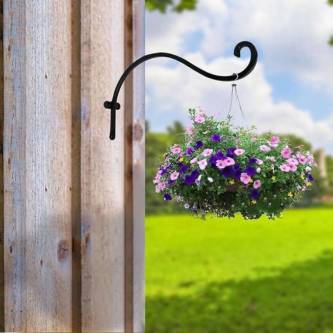 Hourleey 4 Pack Plant Hanger Outdoor, 12 Inch Heavy-Duty Hanging Plant Hook for Outside Basket, Black Metal Wall Mount Plant Bracket Hook for Flower Baskets Bird Feeder