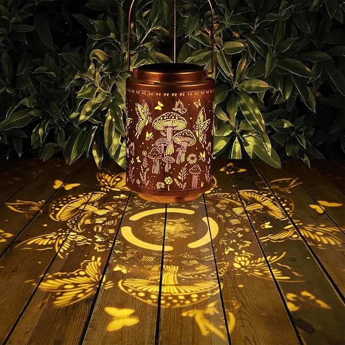 Solar Lanterns Outdoor Waterproof Mushroom Butterfly Garden Decor Gifts for Women Mon Grandma Metal Hanging Solar Lights Decoration for Outside LED Lanterns for Yard Patio Lawn Pathway Landscape