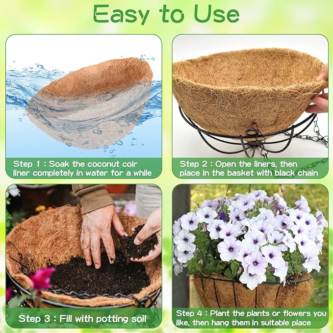 ZeeDix 2 Pack 12 Inch Metal Round Hanging Planter Basket with Coconut Liners Replacement, Hanging planters Baskets with Natural Coco Liner for Outdoor Indoor Planters Flowers Vegetables