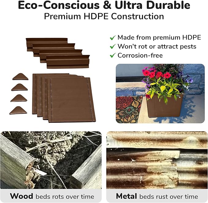 Raised Garden Bed - 1x1 ft Planter Box - Brown HDPE - No Tools Needed - DIY Kit for Urban Gardening, Flowers, Herbs & Vegetables - Made in The USA - 2 Pack