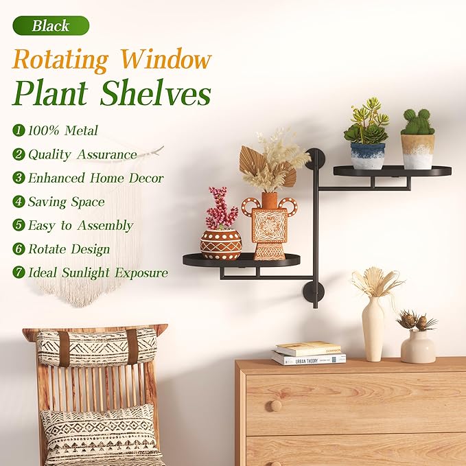 WIndow Rotating Plant Stand Shelf Indoor Black Metal Floating Shelves 2-Tier Wall Mount Plant Holders for Living Room Wall Planter Modern Home Decor for Gardening