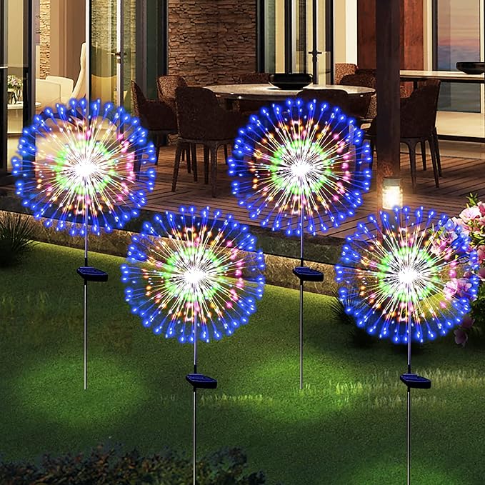 Solar Garden Firework Lights Outdoor Waterproof 2 Pack Solar Powered Art Stake Twinkle Lighting Outside Solar Lights Upgrad 180 LED Sparklers Lights for Yard Party Decorations (Colorful)