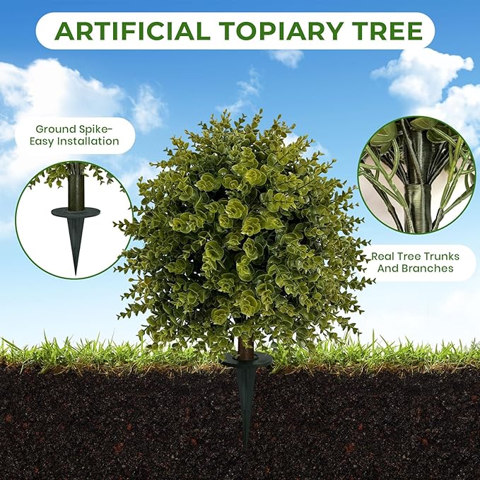 ICX 2 Set 25" Artificial Eucalyptus Topiary Ball Trees with Ground Spike,Artificial Plants Outdoor,Fake Bushes & Shrubs for Porch, Garden, Front Porch Decor - Indoor/Outdoor Faux Plants