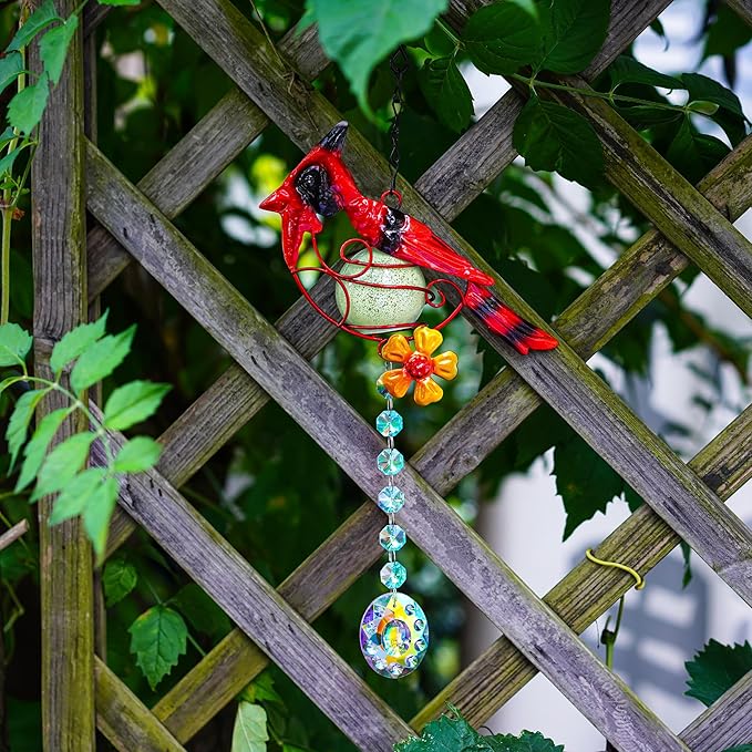 13inch Stained Metal Cardinal Birds Sun Catcher Decorative Window Hanging Ornament Crystals Prism Suncathers Red Bird for Home Garden Decor