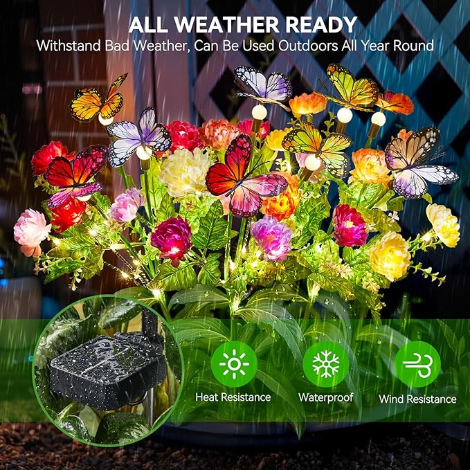 Solar Flowers Lights Outdoor Waterproof, 3 Pack 2 in 1 Solar Butterfly Bouquet for Garden Decor, LED Warm Lighting Garden Lights Outdoor for Pathway Yard Patio Decoration