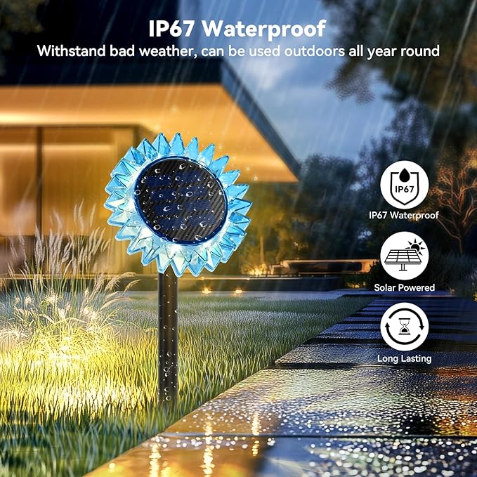 Outdoor Solar Lights, 2 Pack Led Solar Sunflower Lights, Stake/Wall 2-in-1 Waterproof Solar Garden Lights for Yard, Landscape, Fence, Patio, Driveway, Pathway, Backyard Decoration (Warm White)