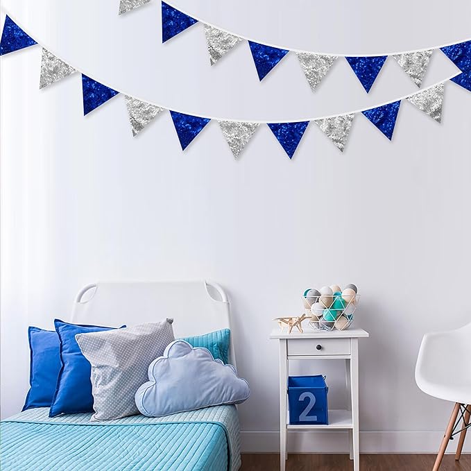 Pinkblume Silver Blue Double Sided Sequin Fabric Triangle Pennant Banner Flag Bunting Garland for Nautical Ahoy Anchor Theme Nursery Home Classroom Wall Decor