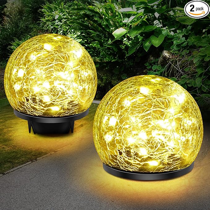 Solar Garden Lights, 2 Pack 80 LED Cracked Glass Solar Globe Lights Outdoor Decoration, Upgraded Waterproof Warm White Ball Lights for Yard Pathway Patio Lawn Christmas Outside Decor, 5.9"