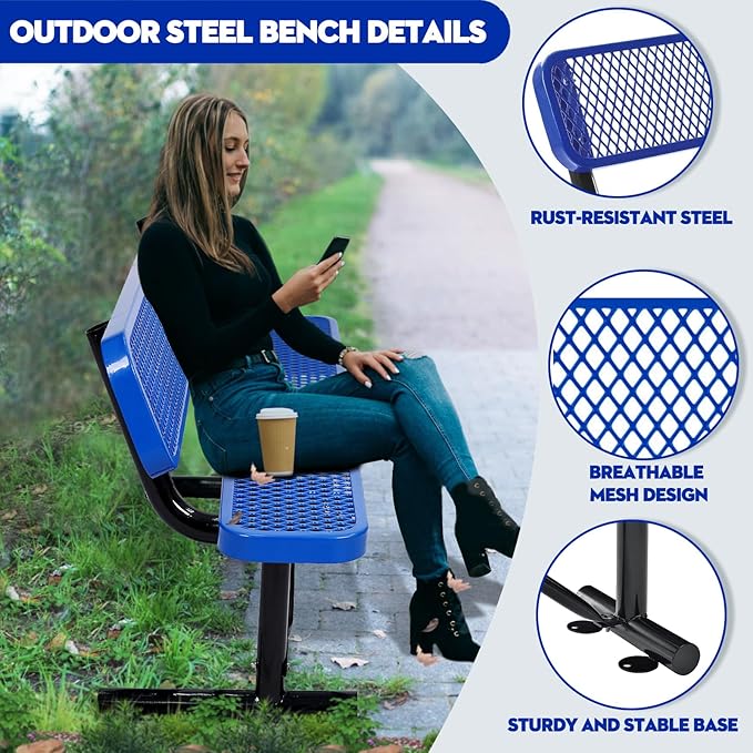 Heavy Duty Park Bench with Back Portable Frame, Outdoor Metal Park Bench with Backrest, Steel Mesh Outdoor Bench for Garden, Lawn, Patio, Porch, Park, Yard (Blue, 72.4" L x 23.2" W x 32.5" H)