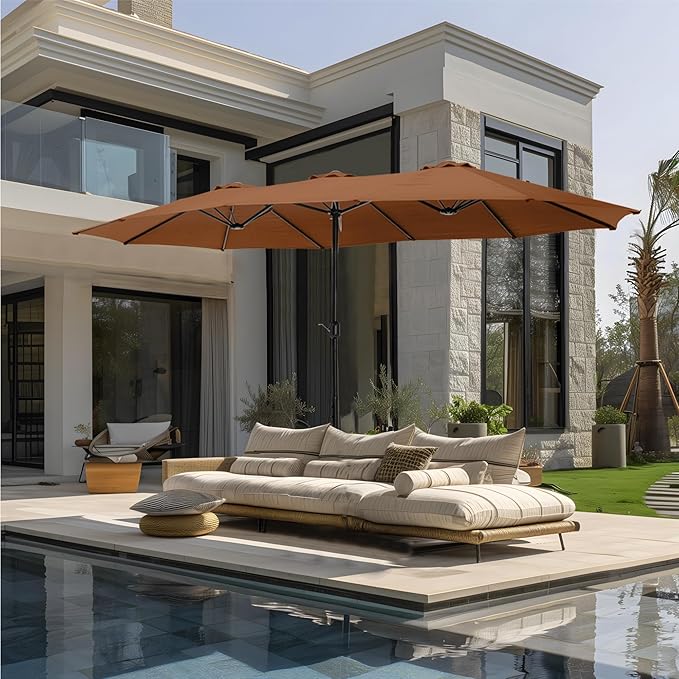 GREEN PARTY 15 ft Rectangle Patio Umbrella with Base Included, Double-Sided Table Umbrella with Crank, Large Outdoor Umbrellas for Patio Poolside Garden Backyard, Tawny