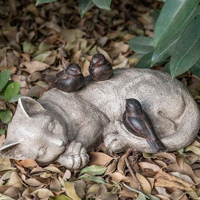 Sleeping Cat Garden Statues Outdoor - 12"Sparrows On Cat Figurine Memorial Statue Grave Markers Garden Resin Sleeping Cat Statues for Garden Decor Outdoor Cat Statue Resin 12" x 8" x 4.5"LC LCdecohome