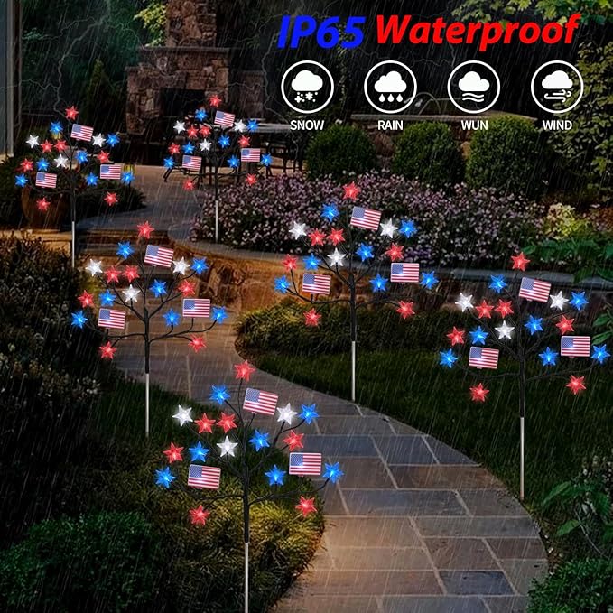 HUGSVIK 4 Packs 80LED 4th of July Decorations Outdoor, Upgraded Red White and Blue Solar Lights with Stars & American Flags, Outdoor Memorial Day Decorations Patriotic Lights for Yard Pathway Garden