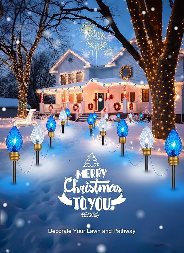 Brightown Strawberry Jumbo C9 Christmas Pathway Lights Outdoor -2 Pack Total 17 Feet 10 LED Jumbo C9 Walkway Lights, Christmas Lights Outdoor Decorations for Lawn Outside Holiday, Blue & Pure White