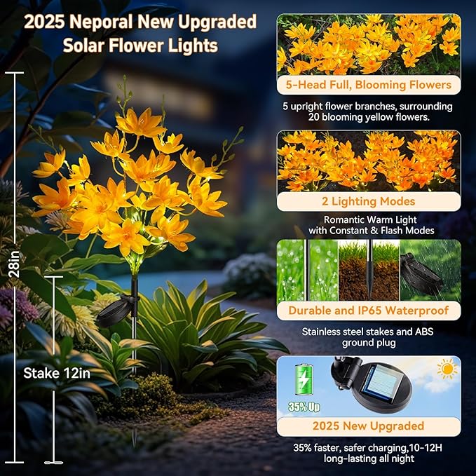Neporal Solar Flowers Outdoor Waterproof IP65, 5-Head Snow Lotus with 20+ Flowers, Warm LED Light & 2 Lighting Modes, Decorative Solar Lights Outdoor Garden, Yard, Pathway, Flower Bed (2-Pack, Yellow)