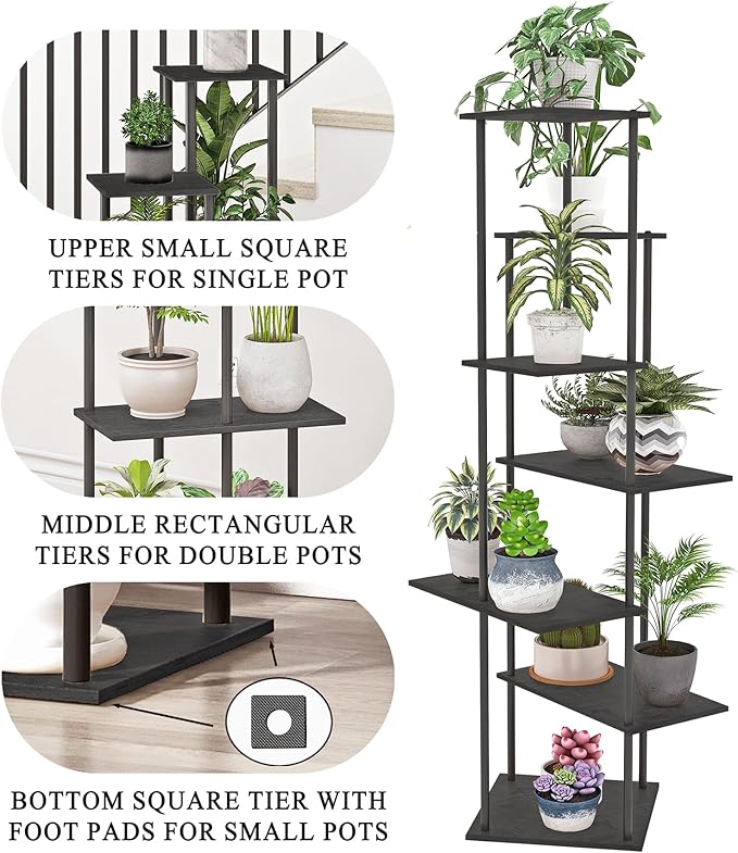 Plant Stand Indoor 7-Tier Metal Wood Plant Shelf for Multiple Flower Pots Corner Tall Flower Holders for Living Room Balcony Bedroom, Black
