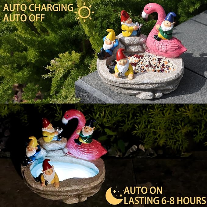 Garden Gnomes Statue Outdoor Gnome Decor Solar Gnome Statues Decoration for Lawn Yard Balcony Patio,Funny Gnome Riding Flamingo Figurine Mom Gift