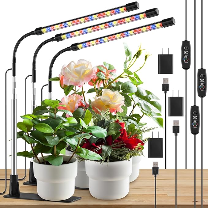 Grow Light, LED Plant Light for Indoor Plant Growing, Full Spectrum Desk Grow Lamp with Base,10 Dimmable Levels, Plant Lamp with Automatic Timer for 3/9/12H, Height Adjustable 6.5"-26"(3 Pack)