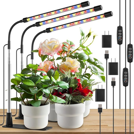 Grow Light, LED Plant Light for Indoor Plant Growing, Full Spectrum Desk Grow Lamp with Base,10 Dimmable Levels, Plant Lamp with Automatic Timer for 3/9/12H, Height Adjustable 6.5"-26"(3 Pack)