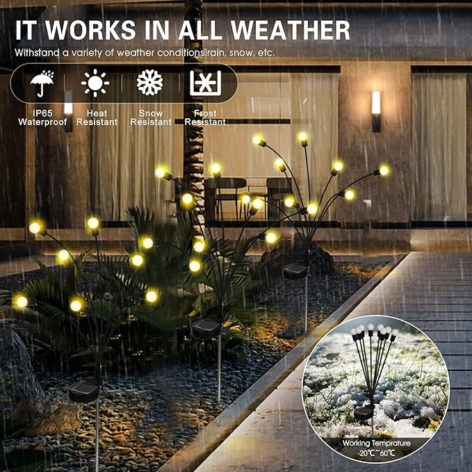 Solar Powered Firefly Lights Outdoor Waterproof 2-Pack, Swaying as Wind Blows, 8 LED Bulbs, Solar Garden Lights, Warm White, Outdoor Decorative Lights for Pathway Yard Patio Decorations