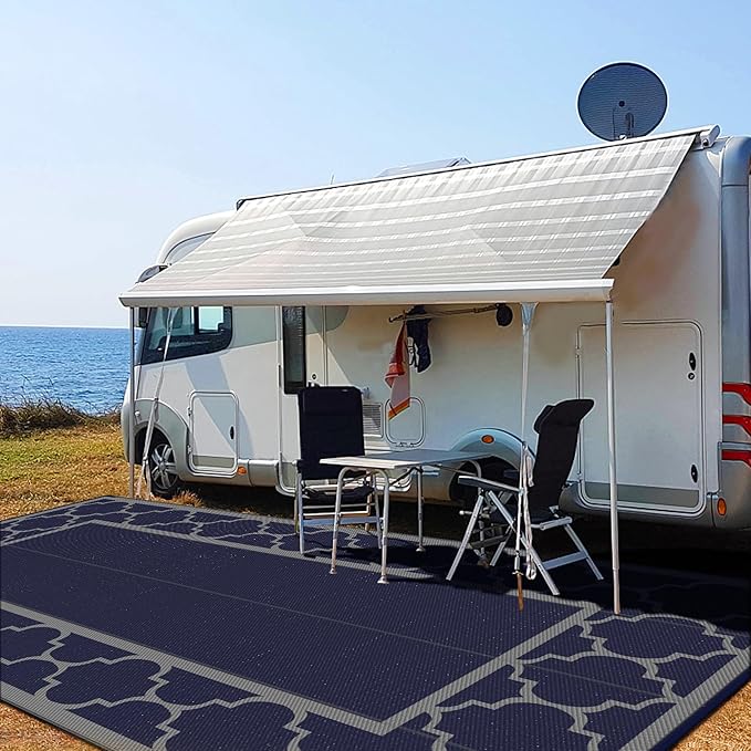 GENIMO 9 ' x 18 ' Outdoor Rug Waterproof for Patio Decor, Foldable Reversible Plastic Straw Area Rugs Mat for Camper, Outside Carpet for Rv, Deck, Porch, Picnic, Beach, Balcony, Blue & Grey