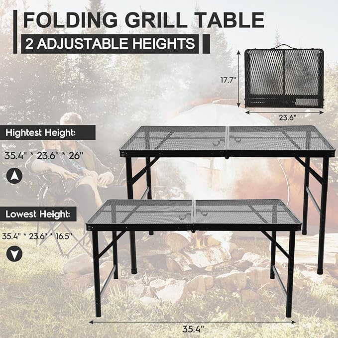 Folding Grill 3x2 FT Portable Camping Table, Lightweight Height Adjustable Metal Picnic Outdoor Table with Mesh Desktop and Mesh Bag, Beach and BBQ, Party